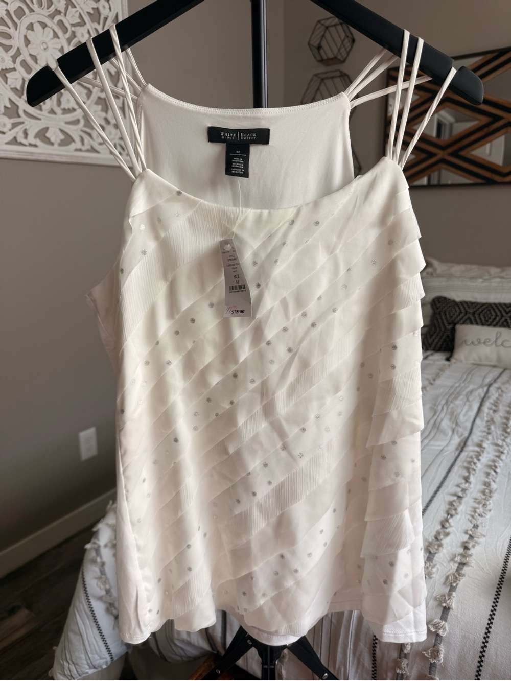White House Black Market Ivory Layered Beaded Spaghetti-Strap Tank